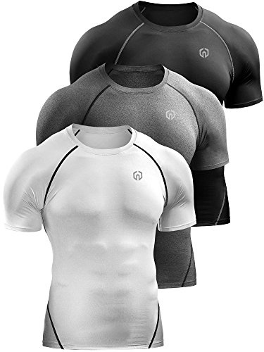 NELEUS Men's 3 Pack Compression Baselayer Athletic Workout T Shirts,5022,Black,Grey,White,US L,EU XL