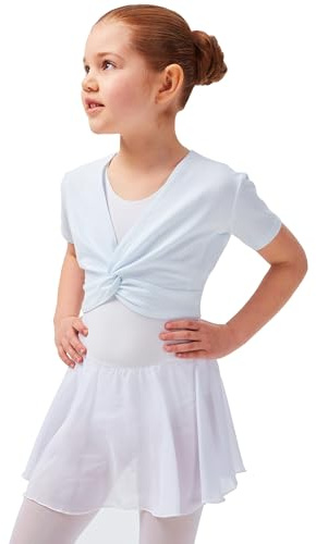 tanzmuster Kinder Ballett Kurzarm-Top Madita mit Twist (Wickeloptik) - aus sehr weichem und festem Baumwollstoff - in weiß, Größe:152/158