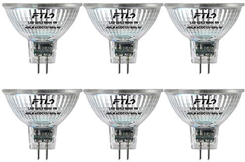 FTL MR16 LED Bulb Non Dimmable 5000K Daylight White Glass 5W AC/DC 12V 50W Halogen Equivalent 500lm GU5.3 Bipin Base 40 Degree Spotlight for Track Recessed and Outdoor Landscape Lighting 6-Pack