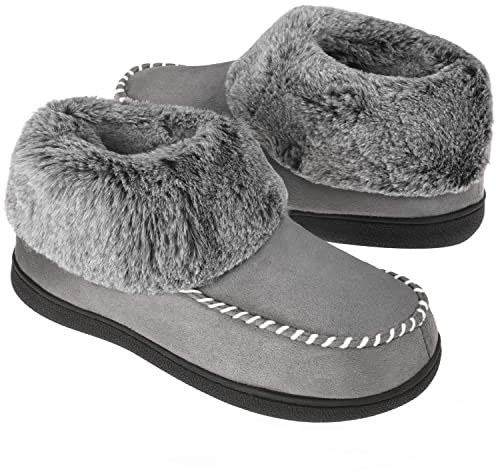 VONMAY Women's Bootie Slippers Suede Moccasin Boots Fuzzy Plush Faux Fur House Shoes Winter Warm Memory Foam Non-slip Indoor Outdoor, Grey, Size 11