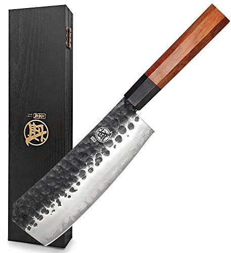 MITSUMOTO SAKARI Küchenmesser Profi, Hochkohlenstoffstahl Kochmesser, 19 cm Japanischem Handgeschmiedete Küchenmesser (Rosenholzgriff & Boutique-Holzkiste)