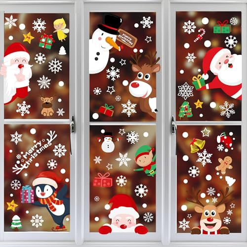 248Pcs Christmas Window Stickers, Snowflake Window Decals, PVC Static Xmas Double-Side Window Clings with Santa Claus Reindeer Decorations, Easy to Use, 9 Sheets