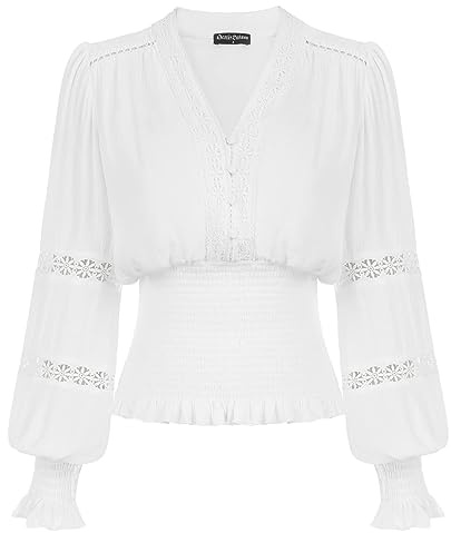 Women's Renaissance Blouse V Neck Long Sleeve Smocked Boho Corset Top White Large
