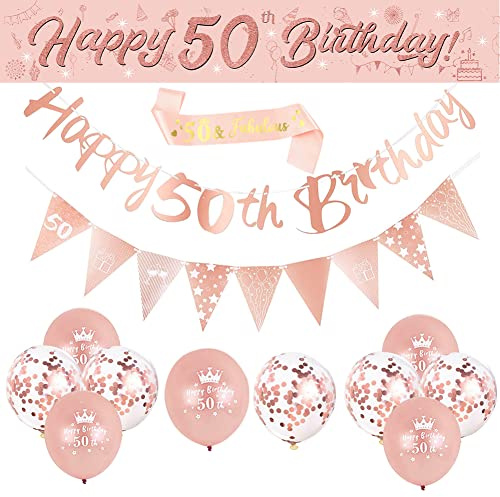 DEARLIVES 14 Pieces 50th Happy Birthday Decorations,Rose Gold Party Supplies Including Banners Straps Triangle Flag Bunting Confetti Latex Balloons (50th Birthday)