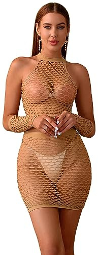 Walang Lingerie - Body da donna, in rete, con gonna a fascia, calzini sexy, per feste, beige, XS-XXL