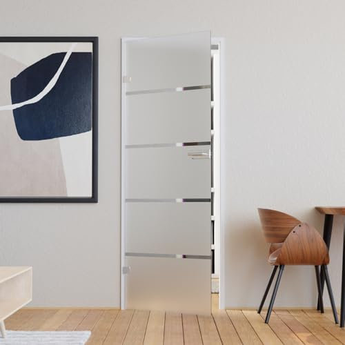 Glastür Komplettset mit Beschlag 709 x 1972 mm Milchglas Streifen - Glastüren 8mm ESG satiniert - Innentür Glas mit Türgriff Edelstahl abgerundet Profilzylinder vorgerichtet DIN links