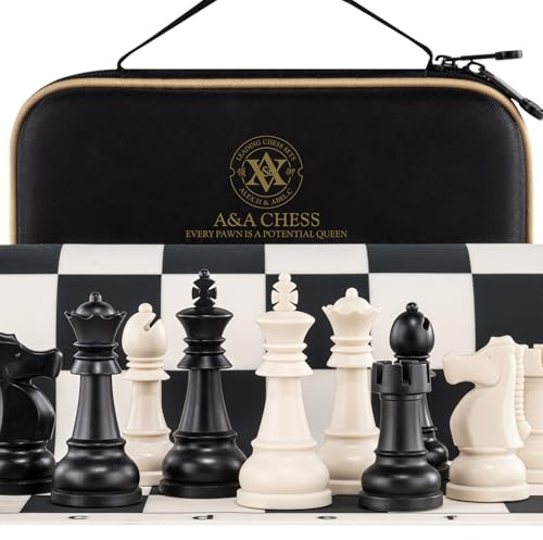A&A Juego de ajedrez de Viaje, Tablero de ajedrez Plegable de Silicona de 15 x 15 Pulgadas, Piezas Staunton de plástico de 3.25'' de Altura del Rey/Bolsa de Almacenamiento