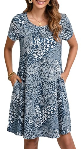 Enmain Abito Estivo Donna a Maniche Corte T-Shirt Vestiti con Tasche Casual Boho Lunghezza al Ginocchio Abito Donna, Blu, L