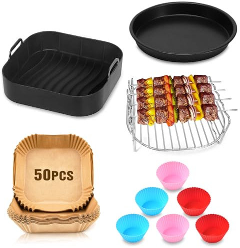 Accessoires Air Fryer - 14Pcs Moule Silicone Air Fryer Compatible pour Ninja/Philips/COSORI/Cecotec Airfryer 5.5L-7L pour Friteuse sans Huile, Papier Cuisson Accessoires Plat Grille Air Fryer