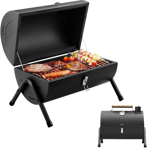 Camping Portable BBQ Barbecue Grill Outdoor Compact Smoker Small Oil Drum Barbecue, Ideal for Beach, Caravan, Garden, Party Barrel Barbeque Black