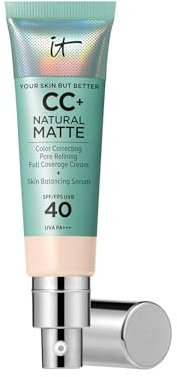 IT COSMETICS, CC+ Crème Natural Matte SPF 40, Haute Couvance et Contrôle de Brillance, Peaux Mixtes à Grasses, Avec Sérum Équilibrant à l'Acide Hyaluronique, Fair Porcelain, 32 ml
