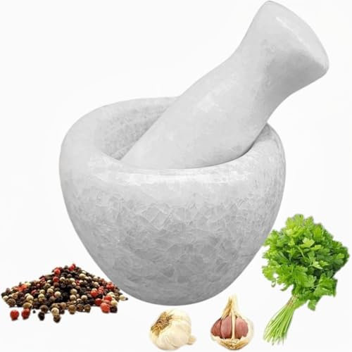 DAMOEX Mortier et pilon de marbre, moulin en pierre pour épices, herbes, ail, café et fruits secs Intérieur texturé pour broyage efficace, facile à nettoyer, n'absorbe pas les odeurs, idéal pour la