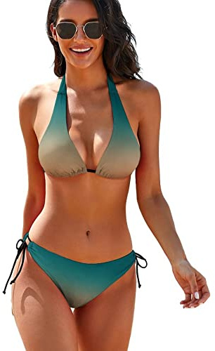 Maillot de Bain 2 pièces à Licou dégradé pour Femme, Ensemble Bikini Triangle noué sur Le côté