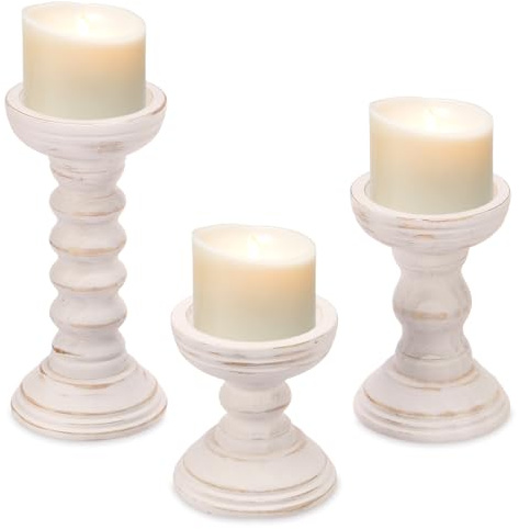 Portavelas de madera para columna, estilo vintage, candelabro decorativo, estable, rústico, para chimenea, fiesta, evento, decoración del hogar (blanco)