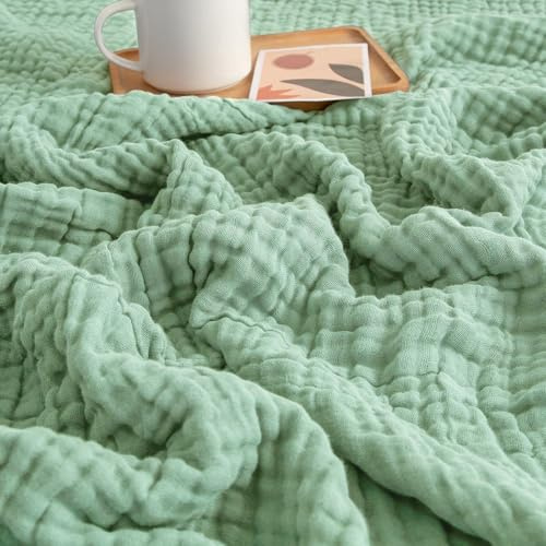 bechoanigel Coperta estiva in mussola, 150 x 200 cm, 100% cotone, a 6 strati, traspirante, sottile, per letto e divano, (verde scuro)