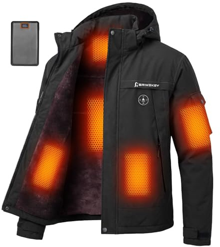 Brimekey Graphène Veste Chauffante Homme avec Doublure Polaire, Batterie HD 20000mAh 7.4V, 6 Zones de Chauffe et 3 Températures, Blouson Chauffant Homme d'hiver Imperméable et Coupe-vent pour Ski