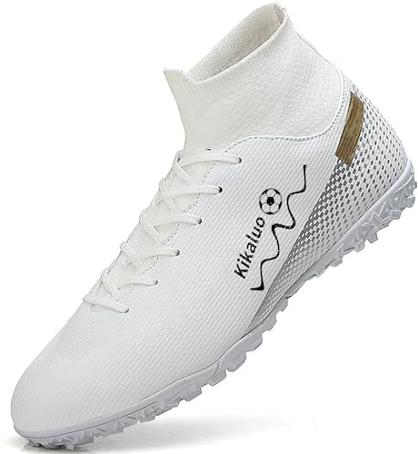 Kikaluo Men's Soccer Shoes Indoor Turf Cleats High-Tops Lace-Up Non-Slip Spikes Futsal Football Boots White EU 44