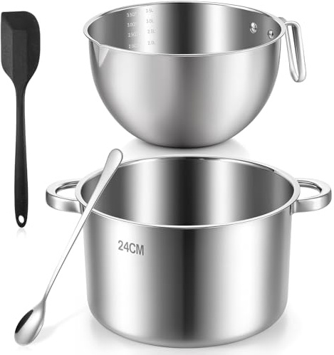 4-Piece Double Boiler, Chocolate Melting Pot Set Include 3500ML/3.1QT Mixing Bowl and 5000ML/4.5QT Stainless Steel Pot, Silicone Spatula, Stainless Steel Stirring Spoon, Induction Safe