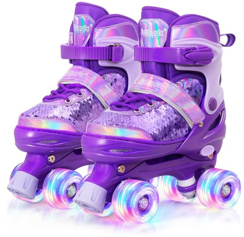 AS Kids Roller Skates for Boys Girls Kid 4 Size Adjustable Sequins Quad Skates with All Light up Wheels for Kids Beginners, Birthday Gift for Indoor Outdoor Sports