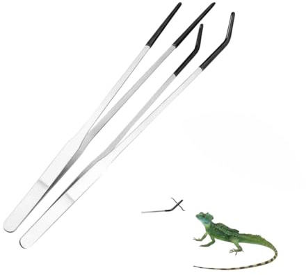 2Pcs Reptile Feeding Tongs – Stainless Steel Straight & Curved Extra Long Tweezers with Rubber Tips for Aquarium, Terrarium & Reptile Feeding