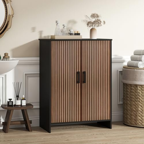 UYIHOME tvättställsskåp, badrumsskåp, badrumsmöbler 30 x 60 x 80 cm, skåp med ribbad magnet och dubbeldörr, 2 justerbara hyllor, svart, underskåp för tvättställ, badrumsskåp, svart