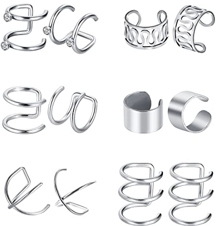 Liuxn 6 Pairs Stainless Steel Ear Clips Non Piercing Earrings Hoop Ear Cuffs Cartilage Ear Clips Set for Men Women, 6 Various Styles