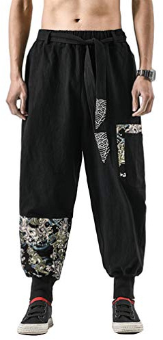 HAORUN Men Chinese Kung Fu Pants Tai Chi Bottoms Trousers Lace Up Loose Black