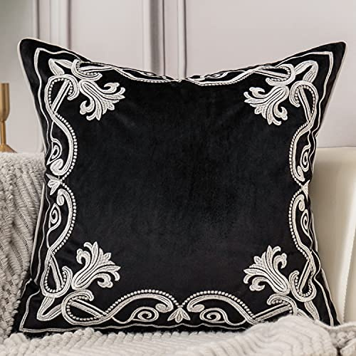 Aeckself European Floral Pillow Cover 16x16 Inch, Luxury Velvet Embroidered Decorative Throw Pillow Cover for Couch Bedroom Living Room, Black and White