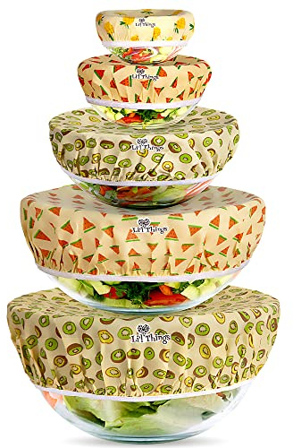 Li'l Things Juego de 5 fundas de cera de abeja, reutilizables, ecológicas, sostenibles, lavables y transpirables para cuencos, tarros y recipientes (S/M/L) | Fruity Fruit