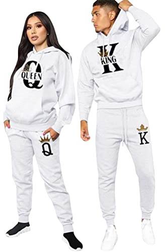 Minetom King Queen Imprimé Survêtement Couple Ensemble de Sport Jogging Femme Homme Manches Longues Hoodie Sweat à Capuche et Pantalon 2 Pièces Set Blanc King M