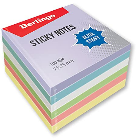 Berlingo Klebezettel Block, 75x75 mm, 1 Blöck, 600 Blatt pro Block, klebende Notizzettel für Notizen und To-Do-Listen, Serie Ultra Klebrig, pastell farben, mix