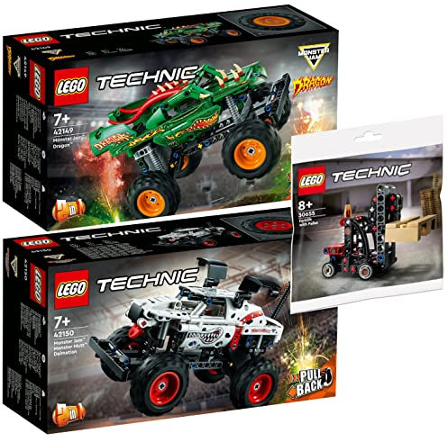 Lego Technic 42149 Monster Jam Dragon, 42150 Monster Jam Monster Mutt Dalmatian & 30655 Chariot élévateur avec palette