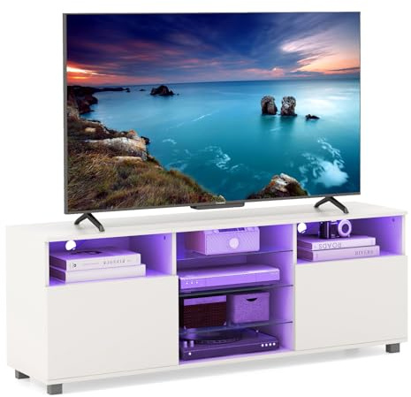 Multigot TV Stand Cabinet for TVs up to 65 inch, 146cm TV Entertainment Center with RGB LED Lights, Adjustable Glass Shelves, 2 Door Storage Cabinets, Modern TV Console Unit for Living Room, Bedroom
