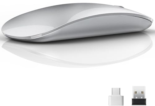 Uiosmuph U58 Souris sans Fil Rechargeable, 2.4G silencieuse Wireless Mouse Ultra Portable Souris Optique avec récepteur USB Nano et de Type C pour PC/Tablette/Ordinateur Portable, Argent