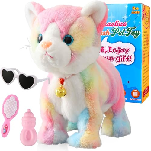 Marsjoy Colorful Gray Robot Cat Plush Cat Stuffed Animal Interactive Cat, Meow Kitten Touch Control, Electronic Cat Pet, Robotic Cat Cat Kitty Toy, Animated Toy Cats for Girls Baby Kids L:12