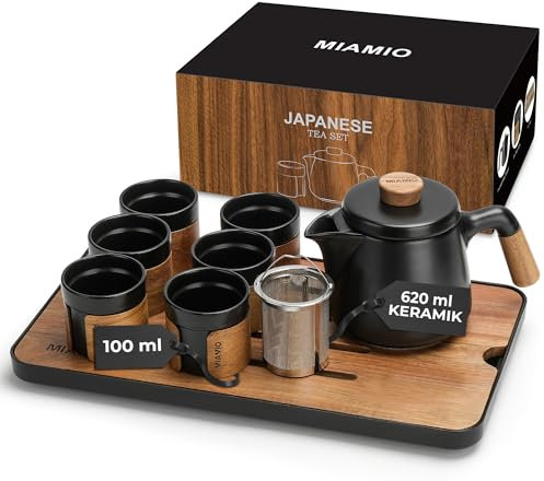 MIAMIO - Japanisches/Chinesisches Tee Set 6 x 100 ml/Asiatische Teekanne 620 ml mit Teesieb, Traditionelles Japanisches Teekanne Set für Teeliebhaber/Männer/Frauen (Schwarz)