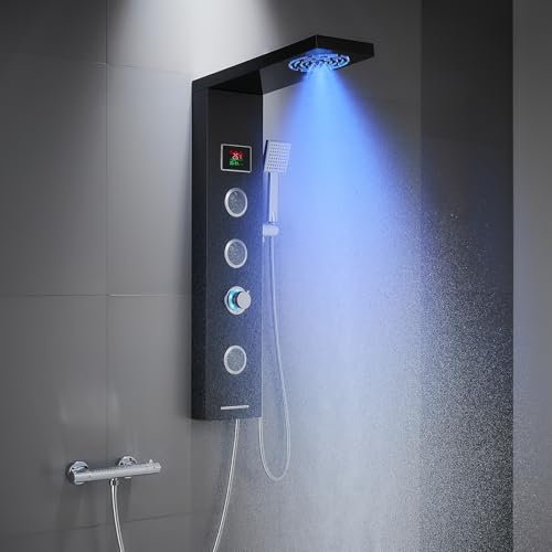 KINKIBOS Duschpaneel ohne Armatur, 6 Funktionen Duschpaneel mit LED Temperaturanzeige Regendusche, Nebeldusche, 2 Modi Massagedüsen, Handbrause und Wanneneinlauf, Duschsäule aus Edelstahl 304, Schwarz