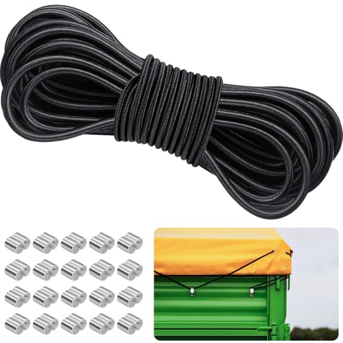 LINSOCLE Sandow svart elastisk elastisk spännare 8 mm x 10 m för presenningar - perfekt för släpvagnar och tält - set med 20 st 9 mm ärmar