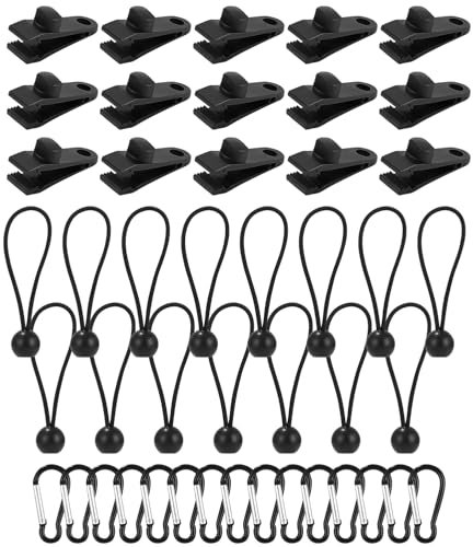 Lot de 45 Clip pour Bâche Tente, 15pcs Pince pour Bâche Pince Verrouillage, 15pcs Corde elastiche per tenda in Nylon, 15 mousquetons, pour Tentes, Camping, auvents, bâches de Couverture, caravanes