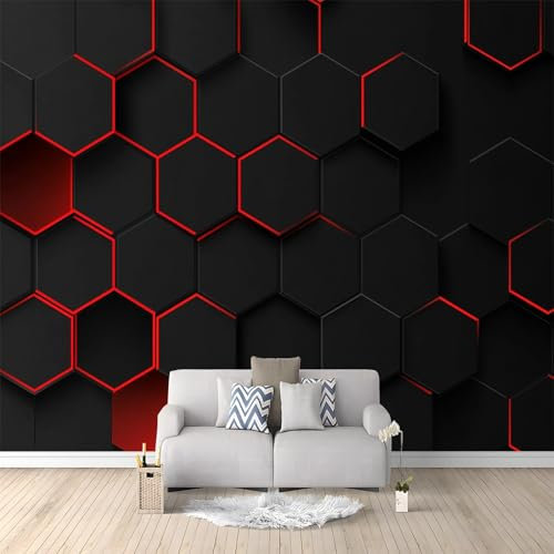 WHUOEUCO Wall Murals Wallpaper Geometric Honeycomb Black Red 250x175 cm Modern 3D Photo Wallpaper Waterproof Wall Mural Art Poster, for Living Room Bedroom Kids Room Background Decor
