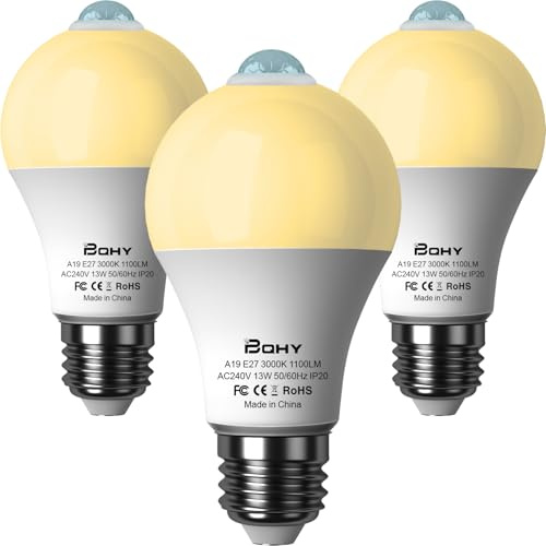 BQHY Motion Sensor Light Bulbs, 3000K Warm White Motion Activated Dusk to Dawn Security Light Bulb, 13W(100W Equivalent) E27 A19 PIR Security LED Bulb Outdoor/Indoor, 3 Pack