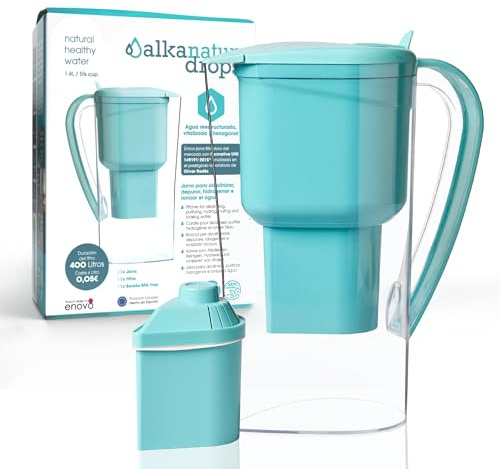 Wasserfilter Filtersystem Trinkwasser Kanne für Leitungswasser mit Low Emissions Filter Gibt Magnesium Ab pH 9 1.4L Entfernt Kalk Chlor Metalle Ohne BPA Water Filter Jug ALKANATUR
