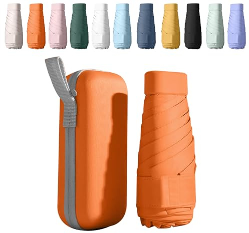 BICUIYIT Mini Folding Travel Umbrella|Pocket Umbrella, Uv Protection & Storage Box | Portable, Compact & Lightweight For Outdoor, Office, Car & Daily Use | For Women, Men & Girls (Orange)