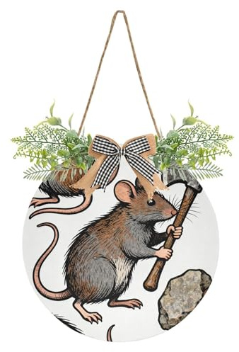 FFYHO Rat Holding Axe Door Wreaths for Front Door Outside, Round Hanging Signs for Home Decor Holiday Porch Wall Farmhouse Indoor Outdoor Decorations