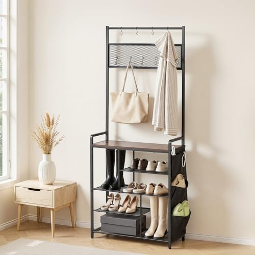 VEVOR Perchero de Pie 180 cm, Organizador de Ropa con Ganchos Bolsas Laterales Estantes de Almacenamiento, Recibidor de Entrada para Bolso Abrigo Calzado, Armario Abierto para Pasillo Dormitorio Salón