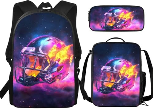 THKVSV Rucksack für Mädchen und Jungen, lustiger Rugby-Druck, Büchertasche, Schultasche mit Lunchbox und Federmäppchen, American Football Helm, Eine Größe, Tagesrucksack