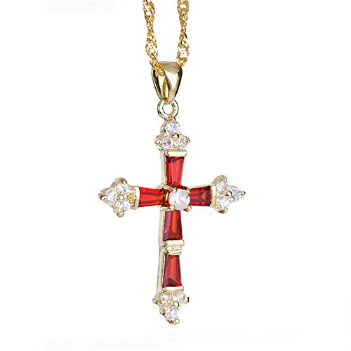 Rizilia krusifix korshänge med 45 cm (18 tum) kedja & trapetsformad slipad ädelstenar CZ [5 färger tillgängliga] i 18 K gult guldpläterad, enkel modern elegans, colore: Red Ruby, cod. PB1136RED