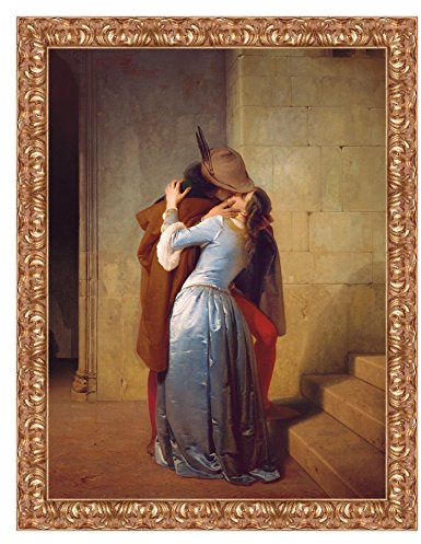 LuxHomeDecor Quadro stampa su tela Francesco Hayez The Kiss con cornice in legno oro classico misura 83x63 CM