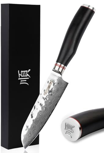 YOUSUNLONG Professionell kökskock kniv Santoku Knives 5 inch Hammered Damascus Steel Blade,natural Ebony Wooden Handle