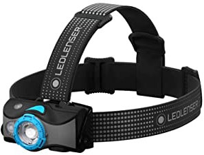 Ledlenser MH7 Outdoor Stirnlampe LED, Schwarz/Blau, aufladbar mit Akku, 600 Lumen, fokussierbar, Leuchtdauer bis 60h, Rotlicht, 2xAA Batteriebetrieb möglich, Transportsperre, Kopflampe